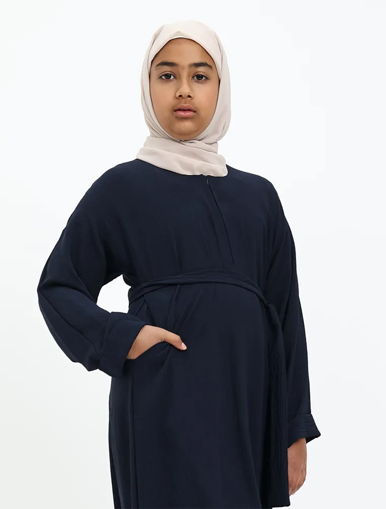 Navy Linen Feel Basic Girls Abaya